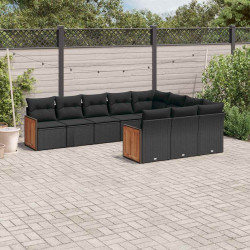10 Pcs conjunto sofás de jardim c/ almofadões vime PE preto