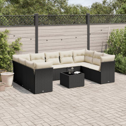 10 Pcs conjunto sofás de jardim c/ almofadões vime PE preto