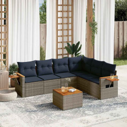 7 Pcs conjunto sofás p/ jardim c/ almofadões vime PE cinzento