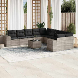 11 Pcs conjunto sofás de jardim c/ almofadões vime PE cinzento