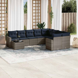 10 Pcs conjunto sofás p/ jardim c/ almofadões vime PE cinzento