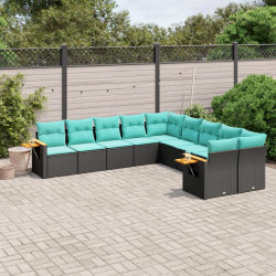 10 Pcs conjunto de sofás p/ jardim c/ almofadões vime PE preto