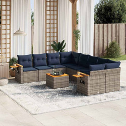 9 Pcs conjunto sofás p/ jardim c/ almofadões vime PE cinzento