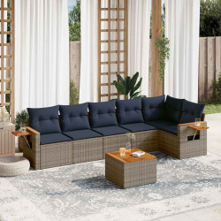 7 Pcs conjunto sofás p/ jardim c/ almofadões vime PE cinzento