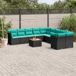 11 Pcs conjunto sofás de jardim c/ almofadões vime PE preto