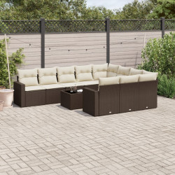 11 Pcs conjunto sofás de jardim c/ almofadões vime PE castanho