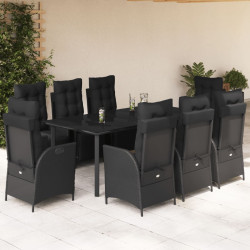 9 Pcs conjunto de jantar p/ jardim c/ almofadões vime PE preto