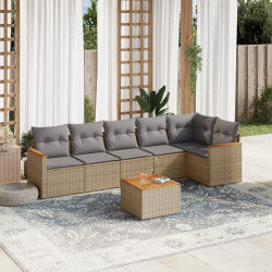 7 Pcs conj. sofás jardim c/ almofadões vime PE bege misturado