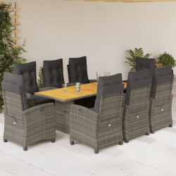9 Pcs conjunto de jantar p/ jardim c/ almofadões vime PE cinza