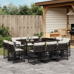 11 Pcs conjunto de jantar p/ jardim c/ almofadões vime PE preto