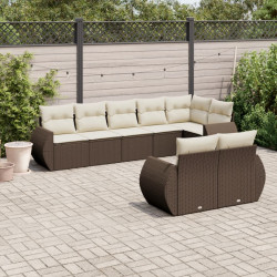 8 Pcs conjunto sofás de jardim c/ almofadões vime PE castanho