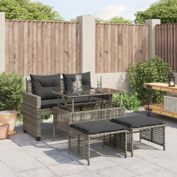 4 Pcs conj. sofás de jardim c/almofadões vime PE/vidro cinzento