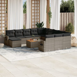 13 Pcs conjunto sofás p/ jardim c/ almofadões vime PE cinzento
