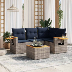 5 Pcs conjunto sofás p/ jardim c/ almofadões vime PE cinzento