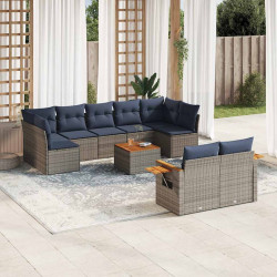 10 Pcs conjunto sofás p/ jardim c/ almofadões vime PE cinzento