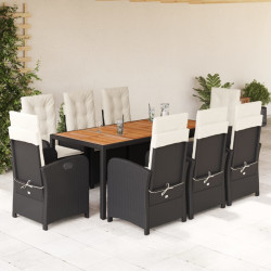 9 Pcs conjunto de jantar p/ jardim c/ almofadões vime PE preto