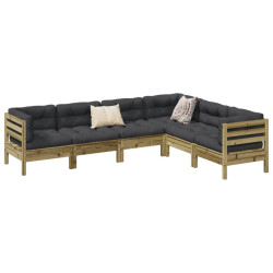 6 Pcs conjunto sofás de jardim c/ almofadões pinho impregnado