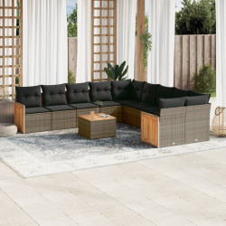 11 Pcs conjunto sofás de jardim c/ almofadões vime PE cinzento