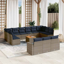 14 Pcs conjunto sofás p/ jardim c/ almofadões vime PE cinzento