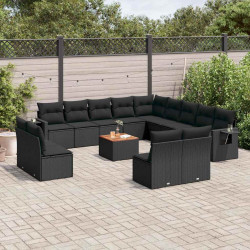 14 Pcs conjunto de sofás p/ jardim c/ almofadões vime PE preto