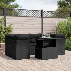 7 Pcs conjunto de sofás p/ jardim c/ almofadões vime PE preto