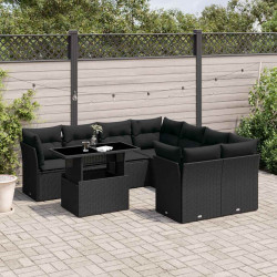 9 Pcs conjunto de sofás p/ jardim c/ almofadões vime PE preto
