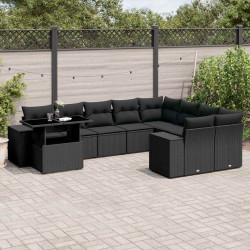 10 Pcs conjunto sofás de jardim c/ almofadões vime PE preto