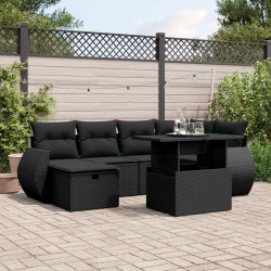 7 Pcs conjunto de sofás p/ jardim c/ almofadões vime PE preto