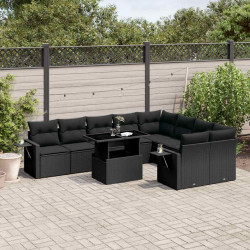 10 Pcs conjunto sofás de jardim c/ almofadões vime PE preto