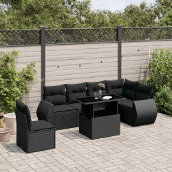 7 Pcs conjunto de sofás p/ jardim c/ almofadões vime PE preto