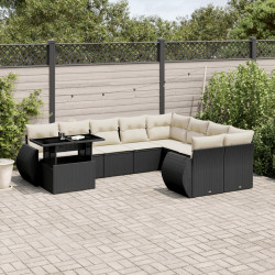 10 Pcs conjunto sofás de jardim c/ almofadões vime PE preto