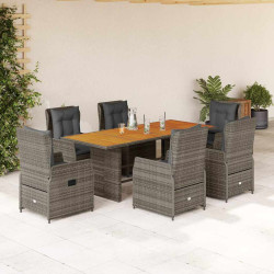 7 Pcs conjunto de jantar p/ jardim c/ almofadões vime PE cinza
