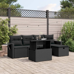 6 Pcs conjunto sofás de jardim c/ almofadões vime PE preto