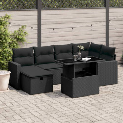 7 Pcs conjunto de sofás p/ jardim c/ almofadões vime PE preto