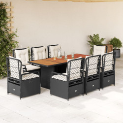 9 Pcs conjunto de jantar p/ jardim c/ almofadões vime PE preto