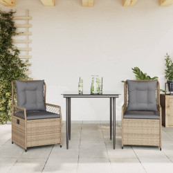 3 Pcs conjunto de jantar p/ jardim com almofadões vime PE bege