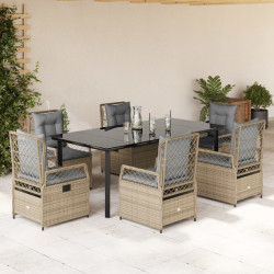 7 Pcs conjunto de jantar p/ jardim com almofadões vime PE bege