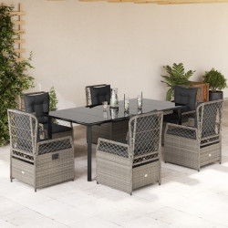 7 Pcs conj. jantar p/ jardim c/ almofadões vime PE cinza-claro