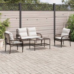 4 Pcs conjunto sofás de jardim c/ almofadões vime PE castanho