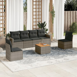 7 Pcs conjunto sofás p/ jardim c/ almofadões vime PE cinzento