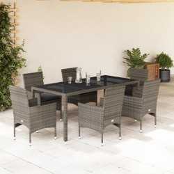 7 Pcs conjunto jantar jardim c/ almofadões vime PE/vidro cinza