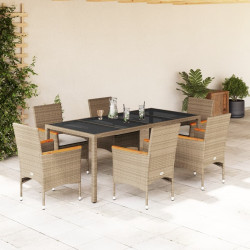 7 Pcs conjunto jantar jardim com almofadões vime PE/vidro bege