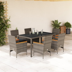 7 Pcs conjunto jantar jardim c/ almofadões vime PE/vidro cinza