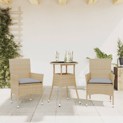 3 Pcs conjunto jantar jardim com almofadões vime PE/vidro bege