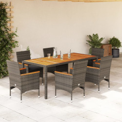 7 Pcs conjunto jantar jardim c/ almofadões vime PE/acácia cinza