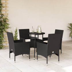 5 Pcs conjunto jantar jardim c/ almofadões vime PE/vidro preto