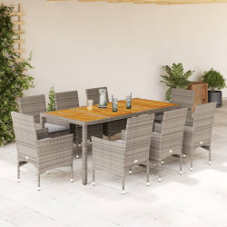 9 Pcs conjunto jantar jardim c/ almofadões vime PE/acácia cinza