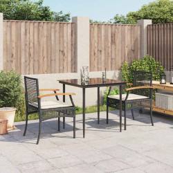 3 Pcs conjunto de jantar p/ jardim c/ almofadões vime PE preto