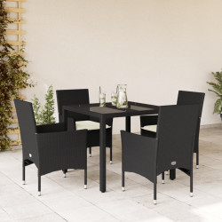 5 Pcs conjunto jantar jardim c/ almofadões vime PE/vidro preto