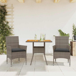 3 Pcs conjunto jantar jardim c/ almofadões vime PE/acácia cinza